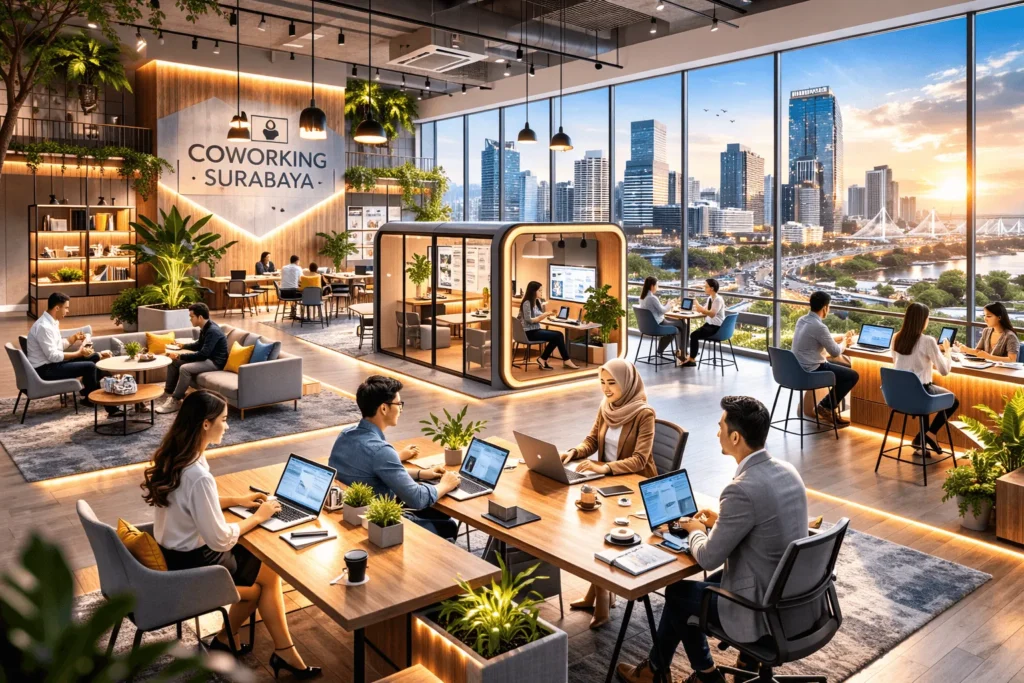 Tren dunia kerja fleksibel di Surabaya dengan profesional bekerja di coworking space modern