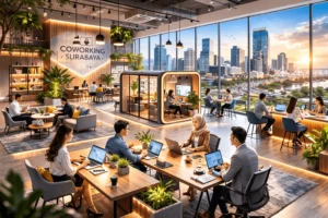 Tren dunia kerja fleksibel di Surabaya dengan profesional bekerja di coworking space modern